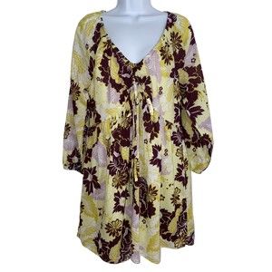By Anthropologie Yellow Floral V-Neck Mini Dress Retro Cinched Women Small